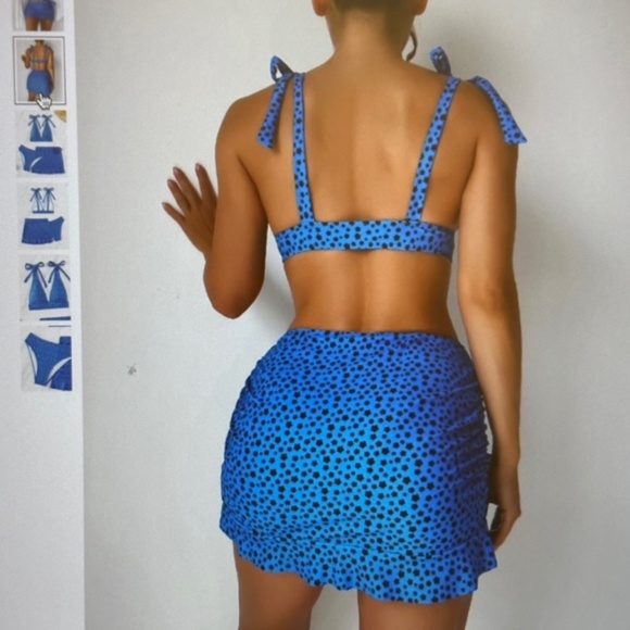 New Ditsy 3-Pcs Floral Tie Shoulder High Waist Bikini with Skirt Blue Various - Picture 2 of 6